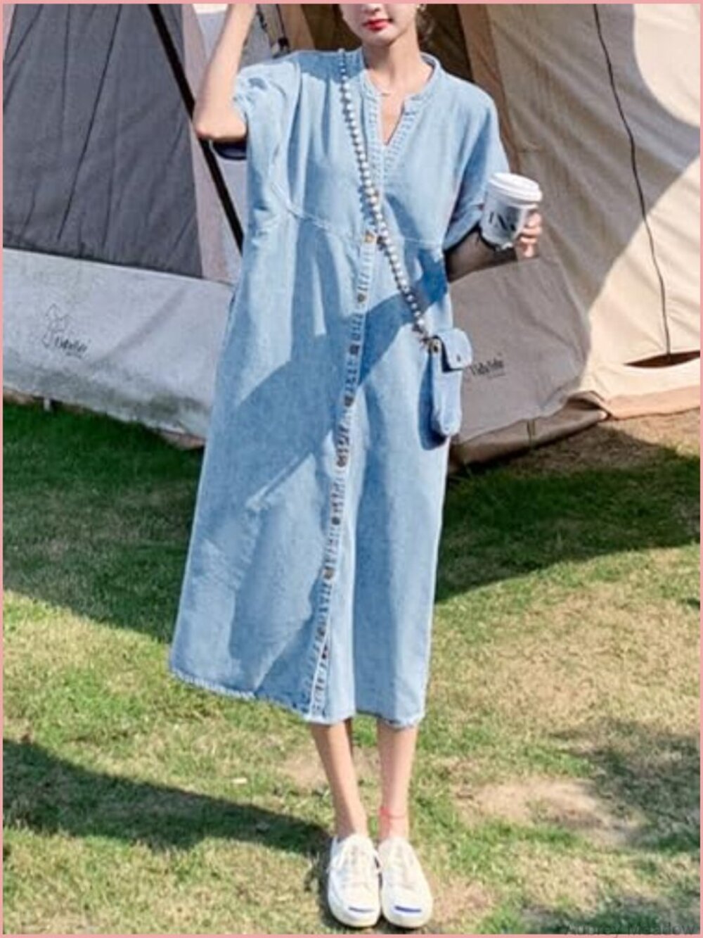 V Neck Short Sleeve Denim Midi Dress Loose Fit Summer Casual - Picture 4 of 4